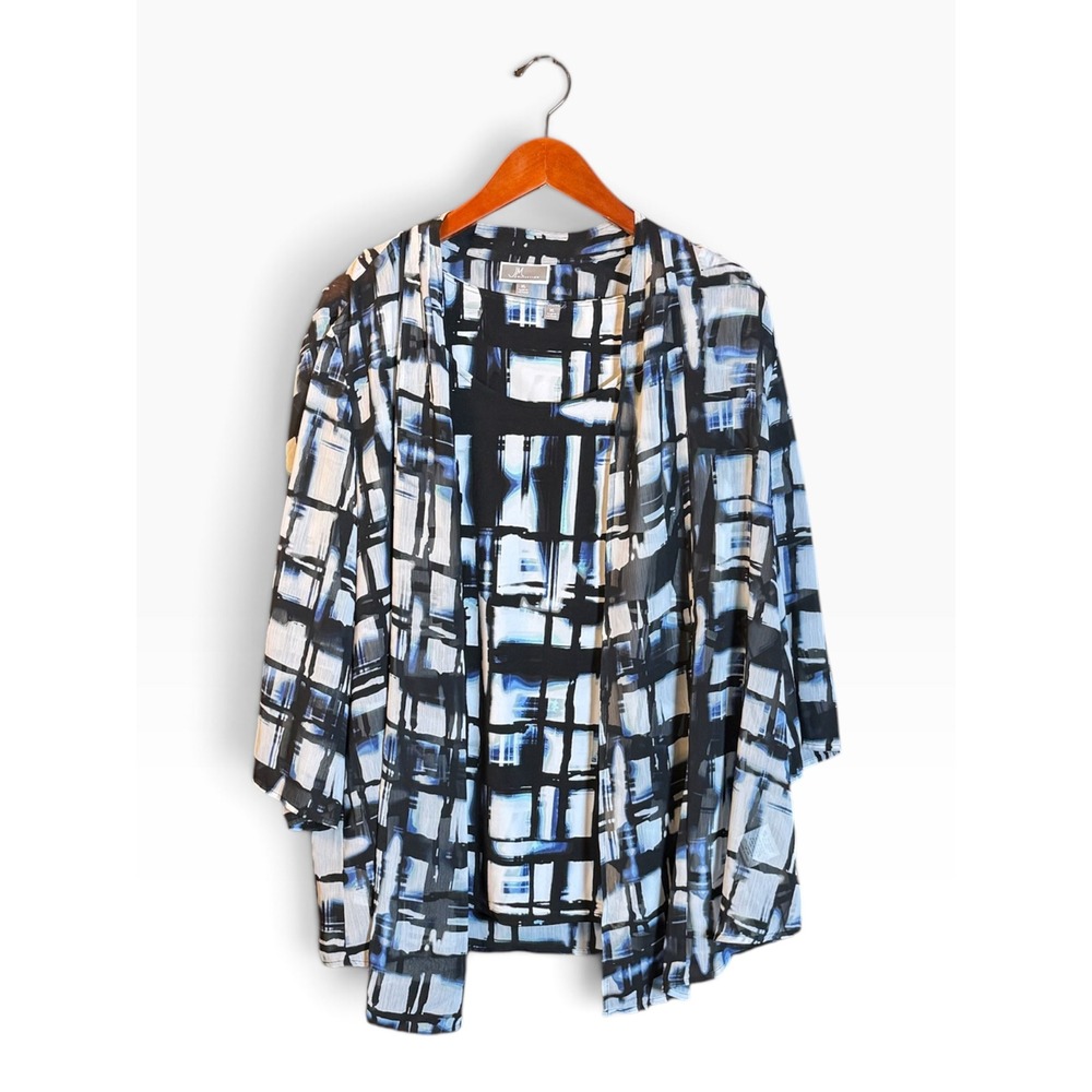JM Collection Womens XL Blue Black Abstract Grid 2pc Tank & Sheer Cardigan Set